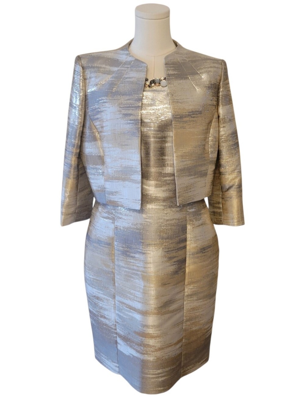 Tahari Silver & Gray 2 Piece Dress & Jacket‎ Suit Size 10